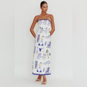 INDI LUXE by indikah Elegant Strapless Dress with Blue and White Print